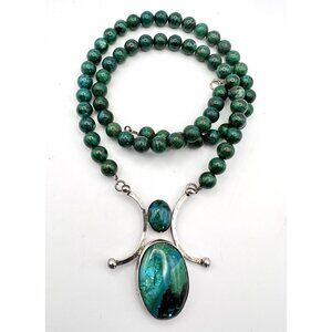Vintage Modernist Chrysocolla & Sterling Silver Statement Pendant Necklace